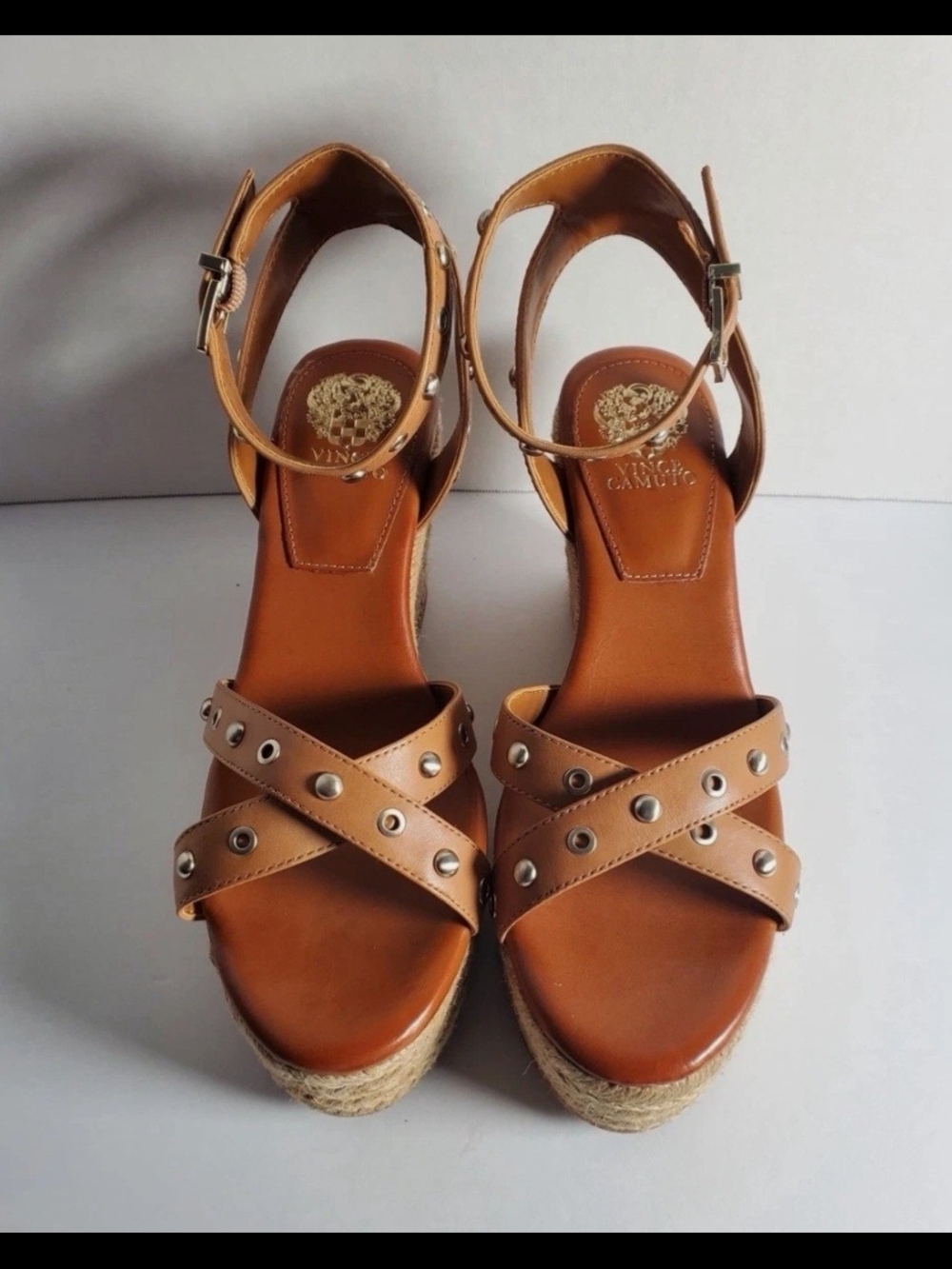 Vince Camuto Tan Studded Ankle-Strap Espadrille Wedges